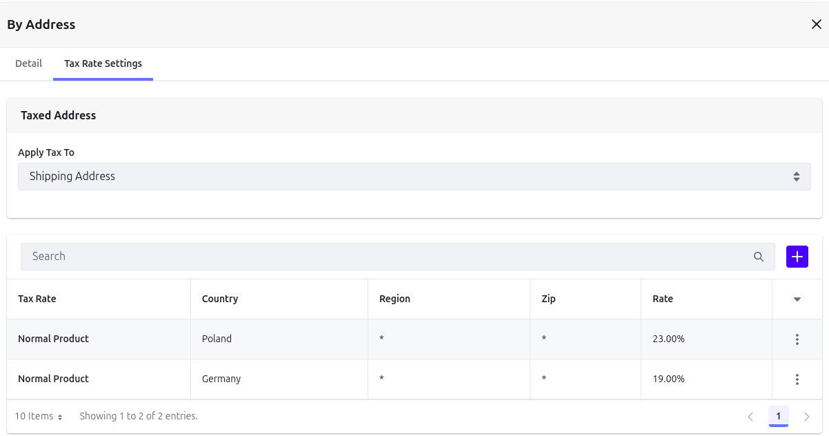 "By address" tax engine countries settings