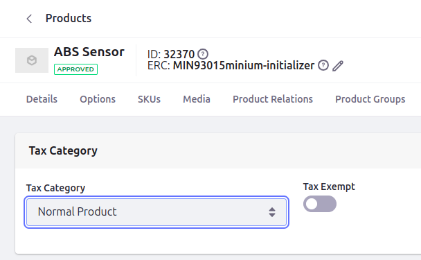 Tax category assignment to product